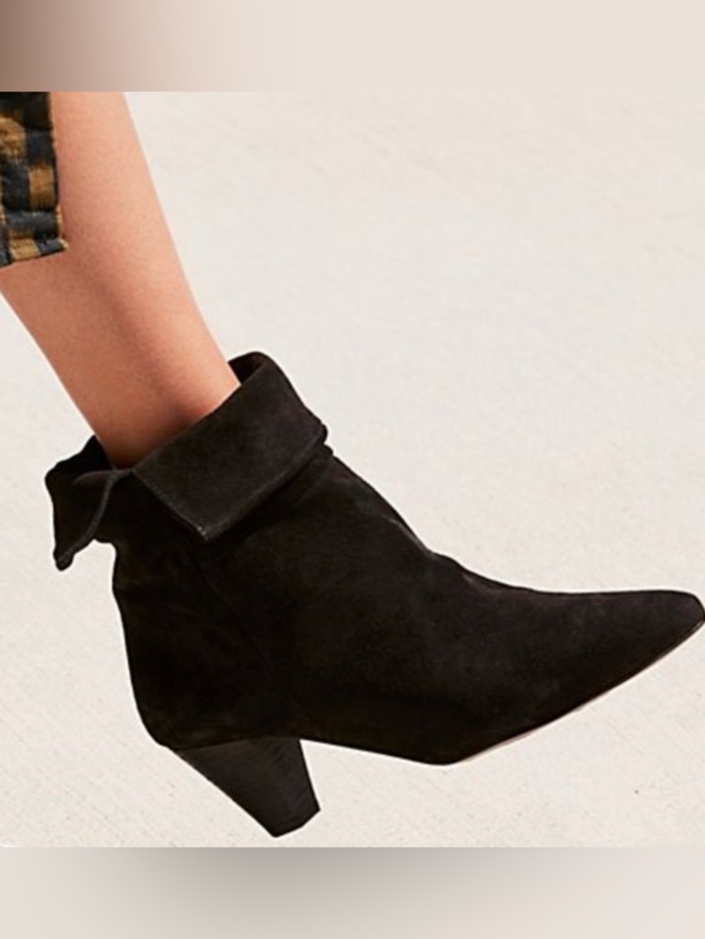 FREE PEOPLE Adella Foldover Suede Booties Black Pointed Toe Block Heel Size 8.5
